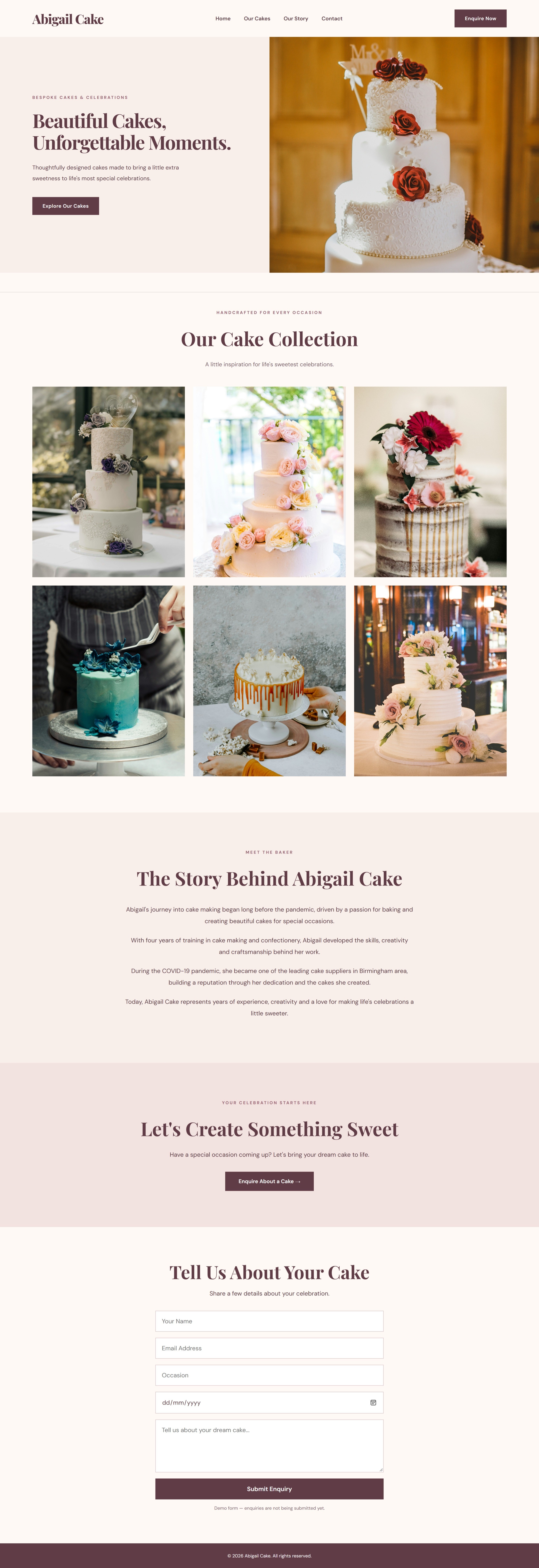 Abigail Cake website concept showcasing an elegant bespoke cake